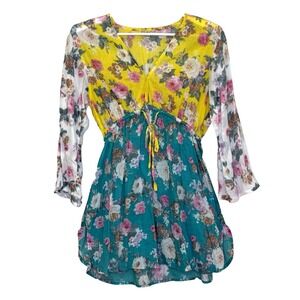 Bhag's Boho Top Womens Size S/M Multicolor Floral Print Long Bell Sleeve V-Neck